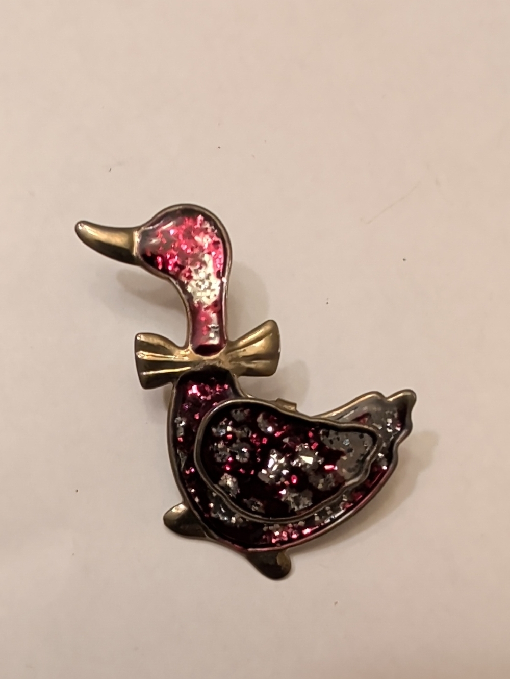 Pink Glitter Duck Brooch with Gold Bow